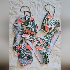 SHEIN Tropical Floral Bikini Set With Sarong